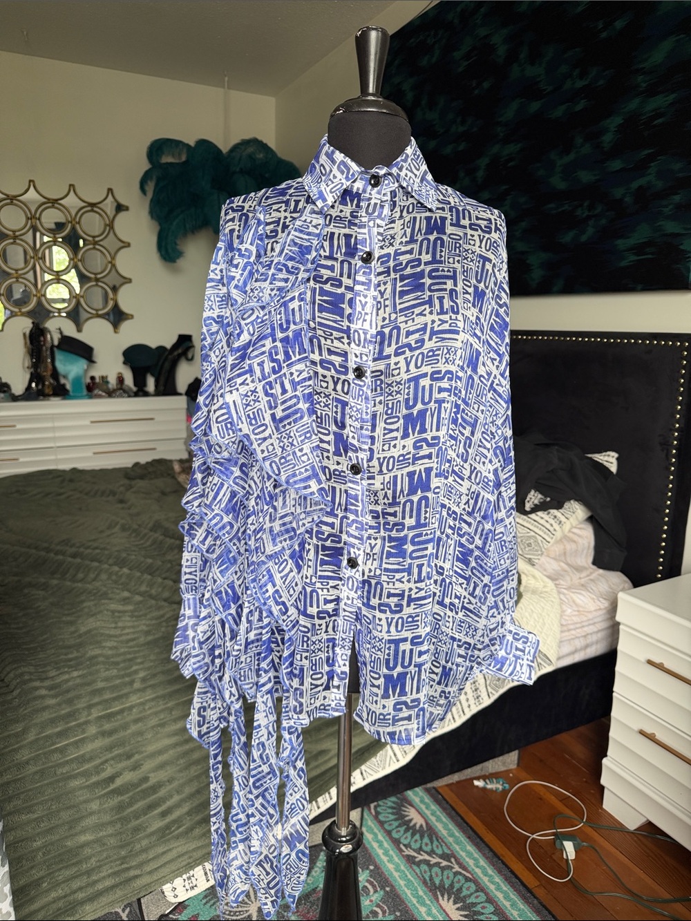 Blue Graphic Tie-Detail Blouse - Unbranded
